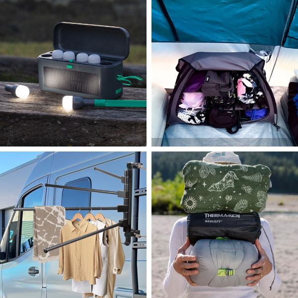 collage of camping tent accessories 