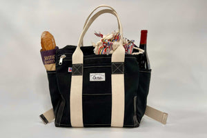 black tote backpack with food