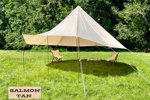salmon tan colored shade structure with chairs under